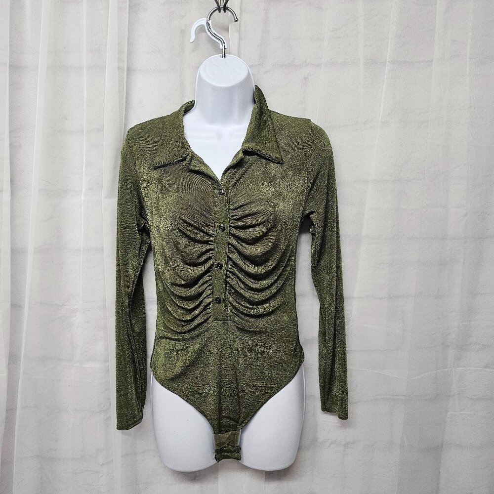 PrettyLittleThing Shirt Bodysuit Green Ruched High Cheek 12 NWT